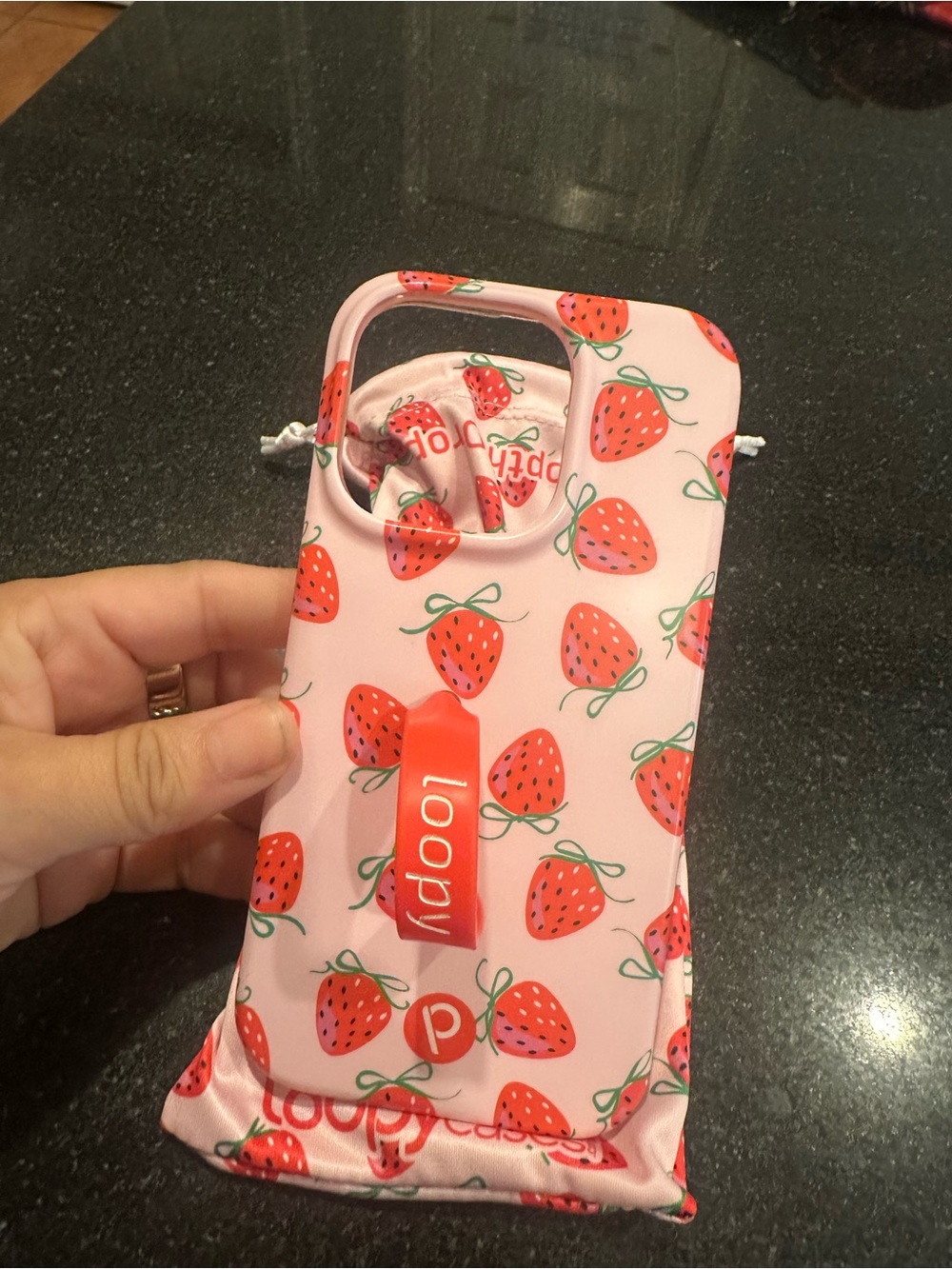 iPhone 14 Pro 
Loopy Case Pink Strawberry Print Phone Case with Red Strap